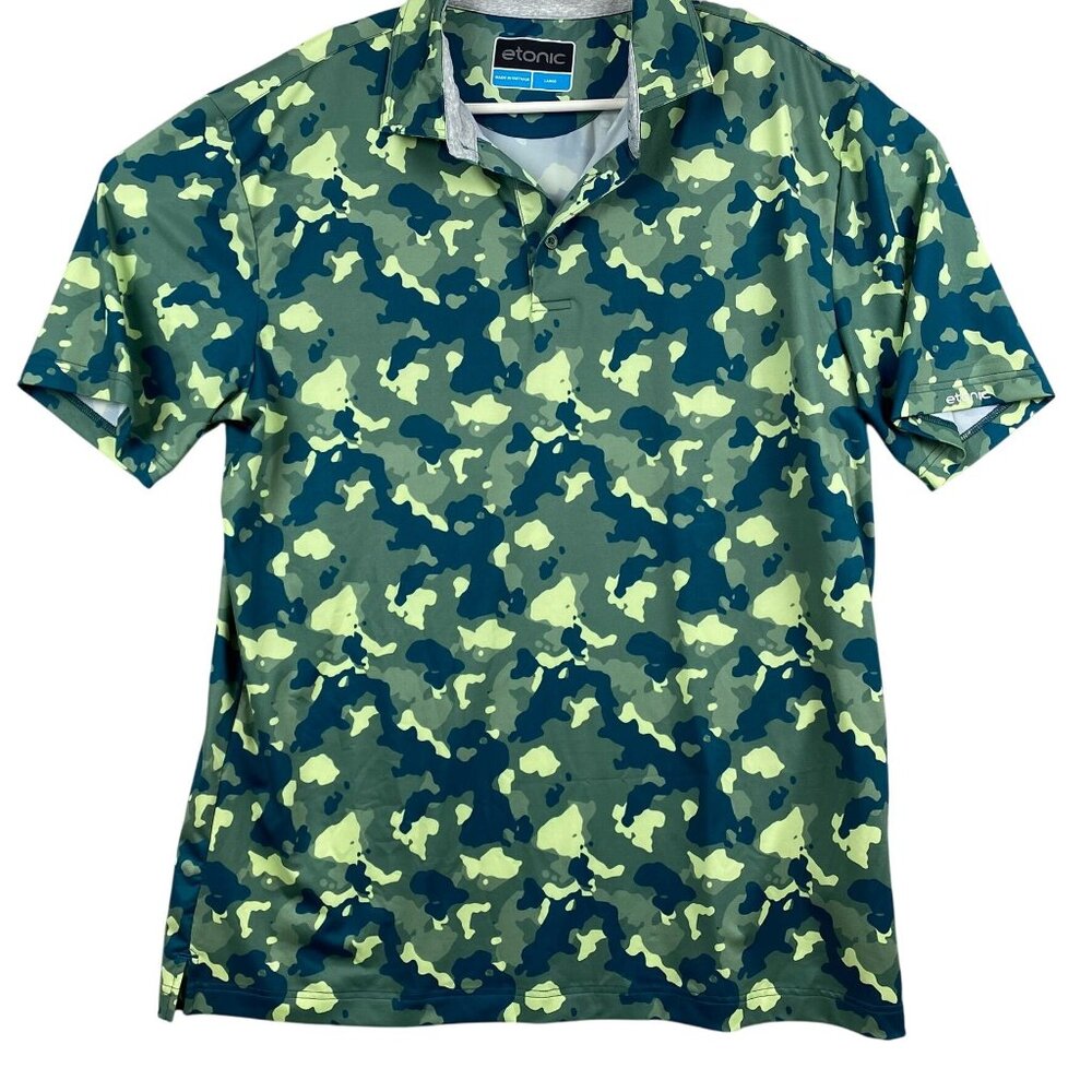 Etonic Mens Polo Shirt Large Green & Blue Camouflage Polyester Spandex Blend